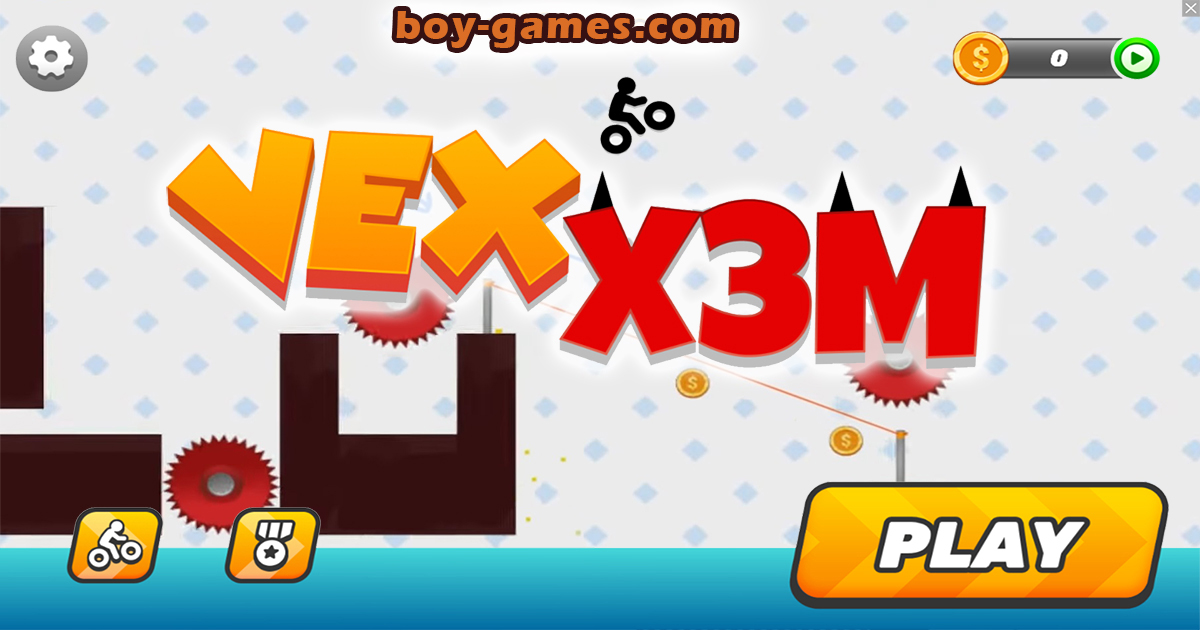 A screenshot of VEX X3M gameplay showing the stickman character jumping over red buzzsaws.
